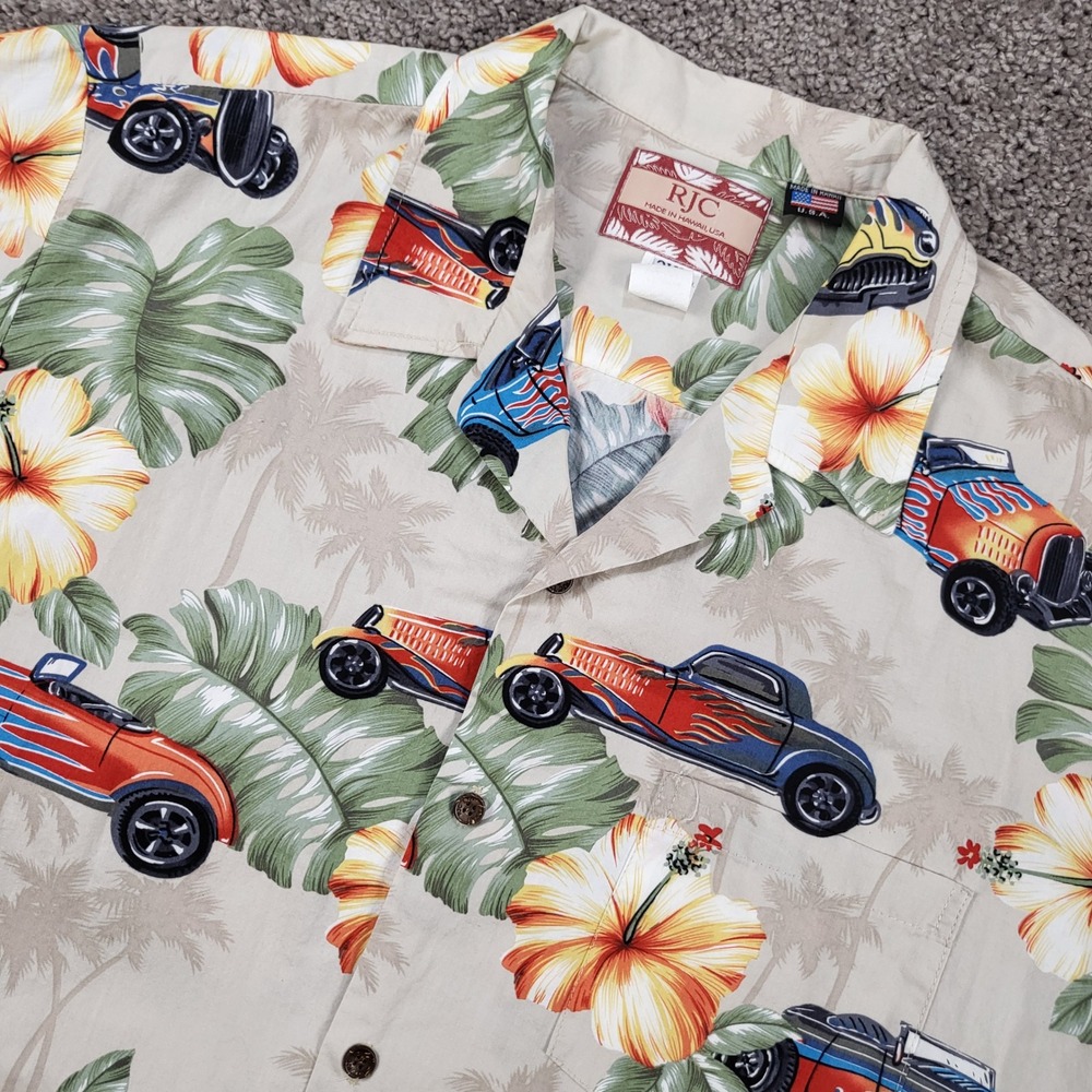 RJC Mens 2XL Hawaiian Shirt Hot Rod Car Hibiscus Beige Made in USA 102L